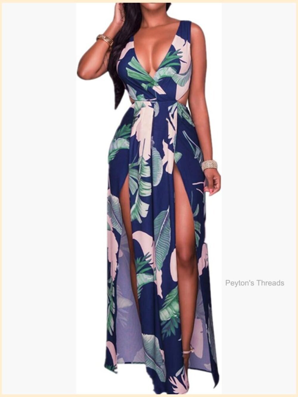 Sexy Deep V Neck Sleeveless Boho Floral Print High Split Maxi Dress
